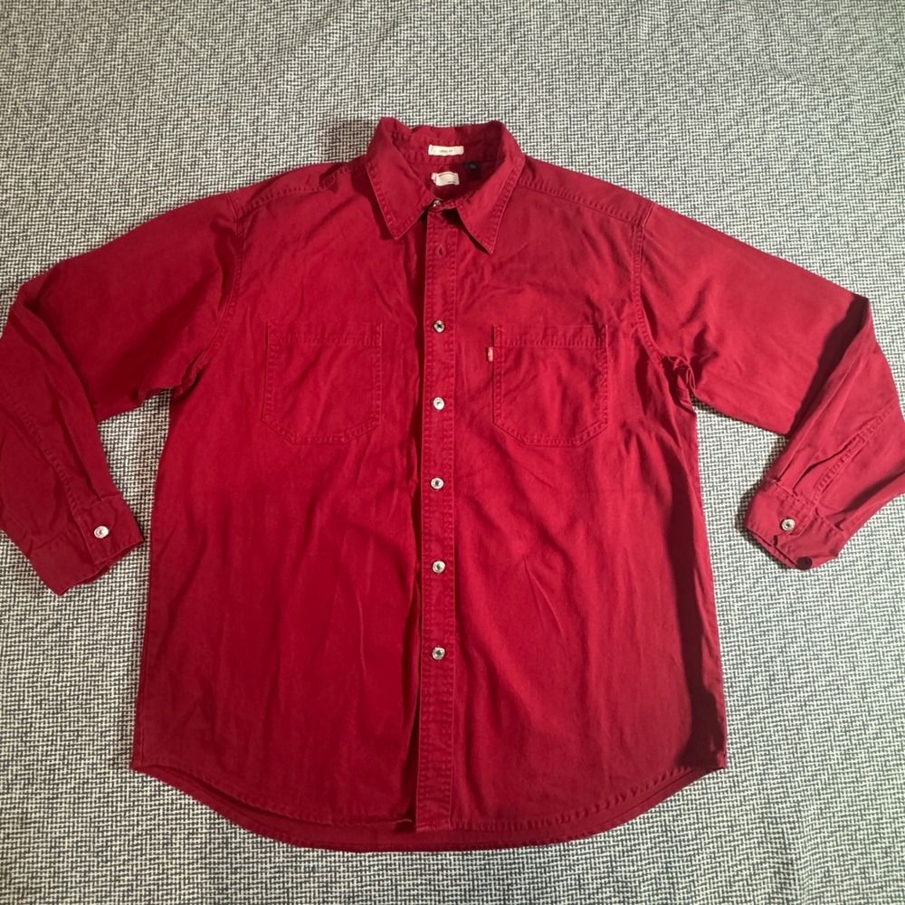 Levis Mens Loose Fit Long Sleeve Button Down Shirt Shacket Red Twill Size M